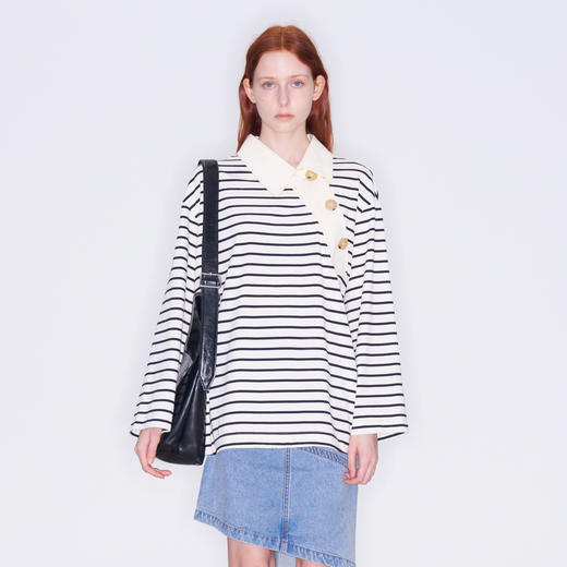 lost in echo2025秋冬新款独特斜门襟精致刺绣休闲宽松全棉POLO衫 商品图0