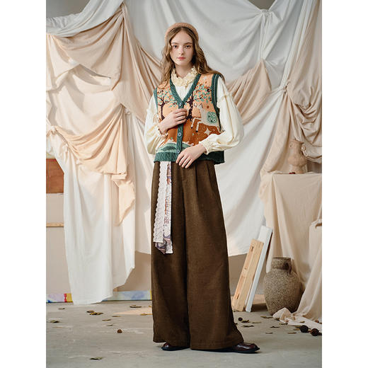 两三事暖尘漫褐2025秋季新款手钩花边口袋绑带雪尼尔阔腿休闲裤女 商品图2