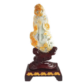 【天然正品】天然细腻细豆种福禄寿琴瑟生花（幸福美满）翡翠配木架摆件190825AK14 现售价：2380特价！