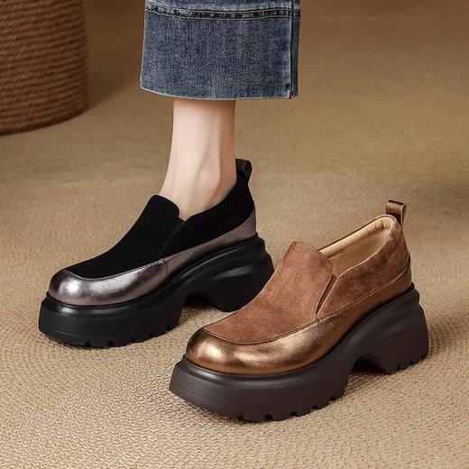 【预售5天】超轻厚底小皮鞋女真皮松糕乐福鞋新款秋季拼色高跟气质深口单鞋HHY&S1172 商品图4