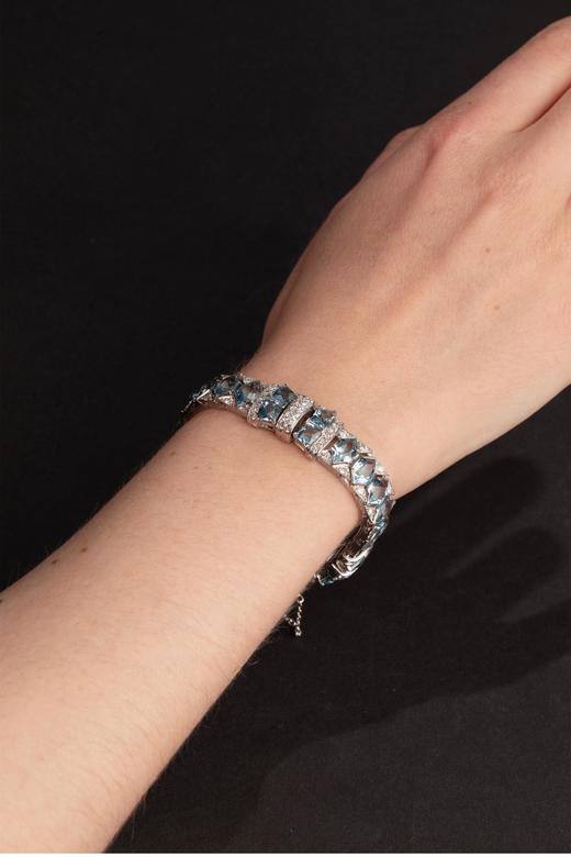 独角鹿西洋古董美国著名珠宝品牌Oscar Heyman出品装饰艺术风格铂金镶嵌海蓝宝石及钻石古董手镯 商品图0