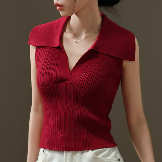 针织打底背心女2025年新款女装复古翻领显瘦外穿V领短款内搭上衣 商品图2