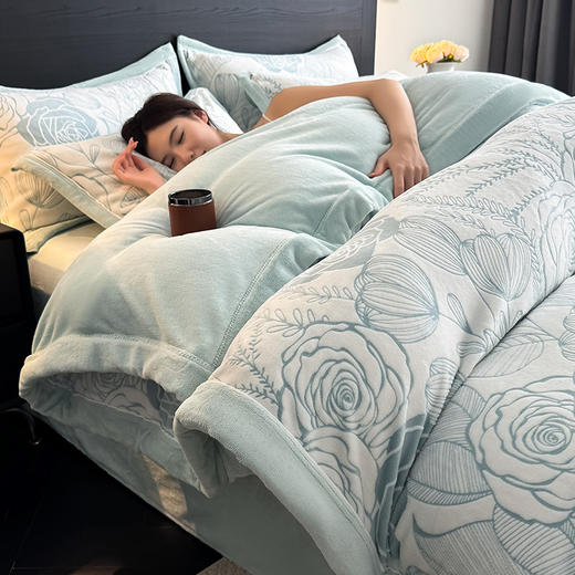 自然醒A类5D立体浮雕宽边牛奶绒四件套高档法兰珊瑚绒床单被套秋冬季轻奢床品QJ 商品图0