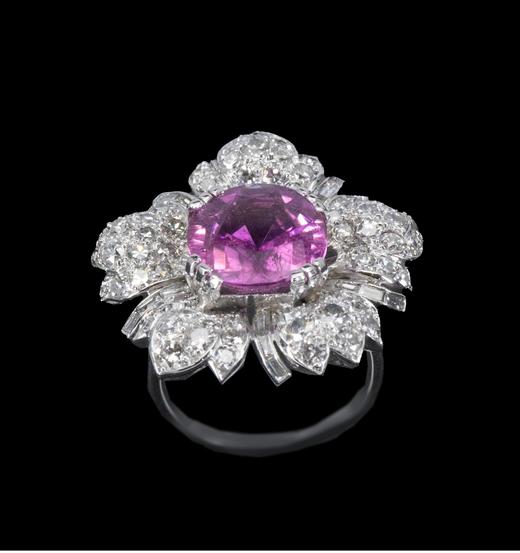 独角鹿西洋古董法国出品花卉造型18K白金与铂金镶嵌钻石及粉红碧玺戒指古董珠宝 商品图1