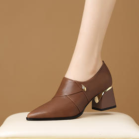 【预售5天】粗跟单鞋女新款头层牛皮尖头时尚百搭软面软底春秋季真皮鞋子HY&H3738