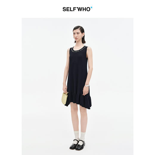 SELFWHO蓝色钉珠装饰背心连衣裙女2025夏季新款前高后低A摆鱼尾裙 商品图1