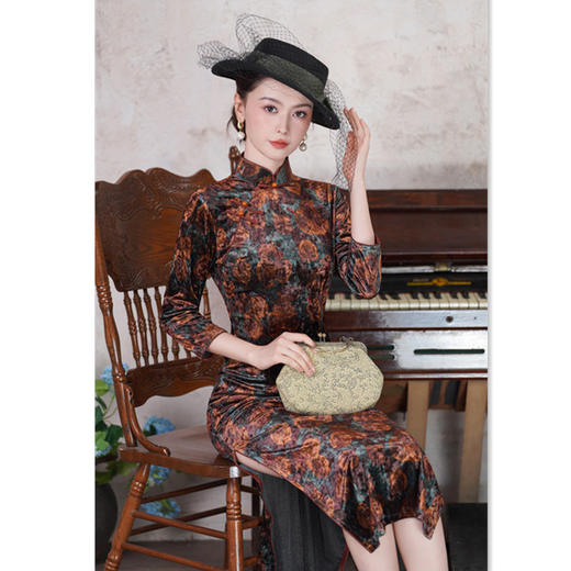 SKY 23012复古中国风长款七分袖丝绒旗袍修身显瘦日常中式旗袍 商品图2