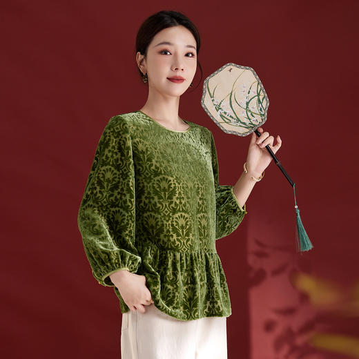 减龄款国风拼接印花，长袖圆领真丝丝绒上衣T恤SM-12501307 商品图0