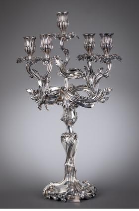 独角鹿西洋古董法国出品Cailar Bayard签名洛可可风格铜镀银精雕五枝头古董烛台艺术摆件一对