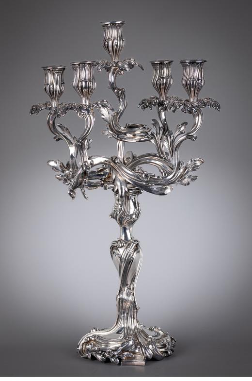 独角鹿西洋古董法国出品Cailar Bayard签名洛可可风格铜镀银精雕五枝头古董烛台艺术摆件一对 商品图0