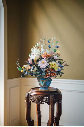 【已售】中国古董 花篮造型飞鹤与宝相花纹景泰蓝盆装饰「玉堂富贵」珍宝像生盆景摆件