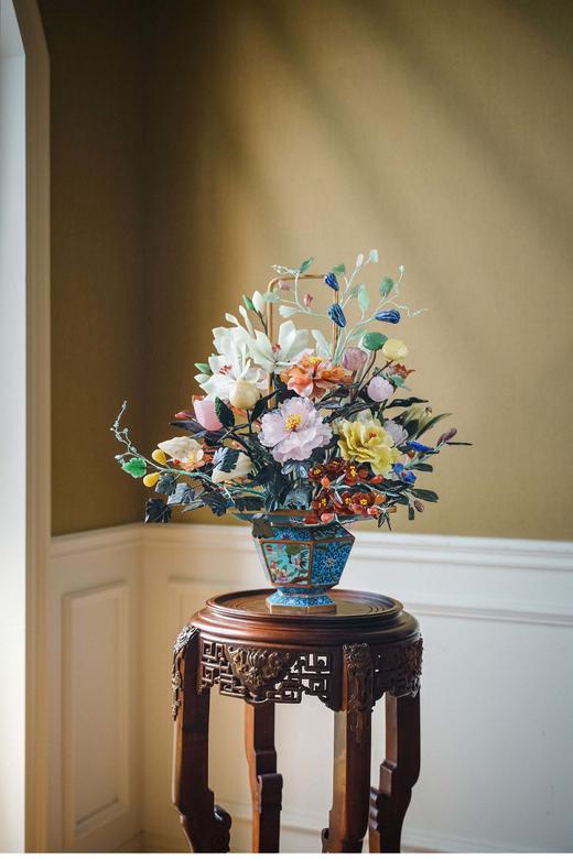 【已售】中国古董 花篮造型飞鹤与宝相花纹景泰蓝盆装饰「玉堂富贵」珍宝像生盆景摆件 商品图0