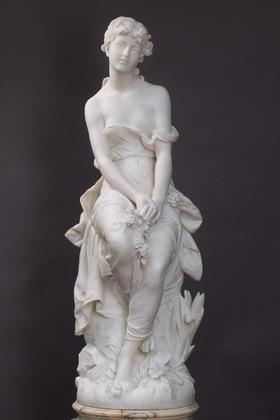【已售】独角鹿西洋古董法国雕塑家Hippolyte Moreau签名创作女性人物主题卡拉拉大理石雕塑作品《梦》