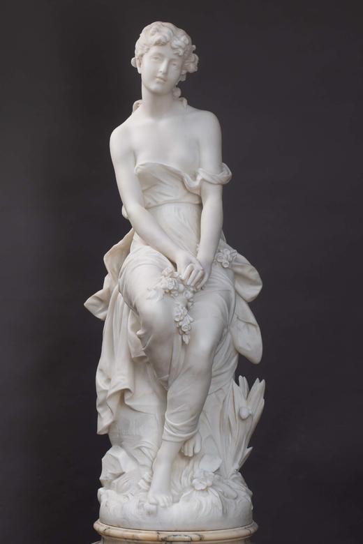 【已售】独角鹿西洋古董法国雕塑家Hippolyte Moreau签名创作女性人物主题卡拉拉大理石雕塑作品《梦》 商品图0