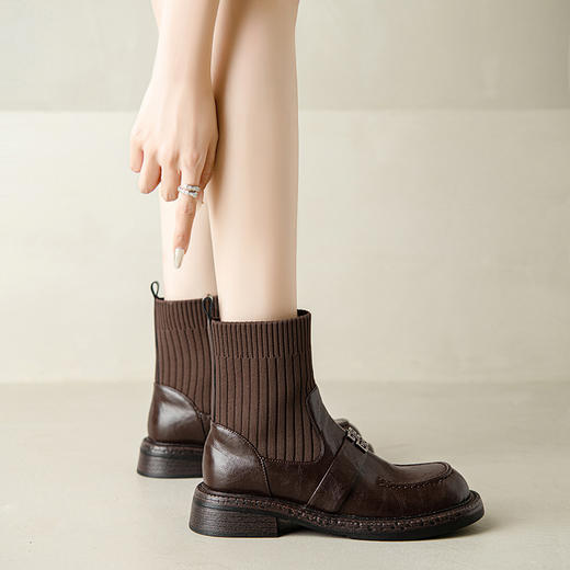 OLD MM9365复古山茶花黑色短靴针织弹力粗跟袜靴英伦风 商品图0