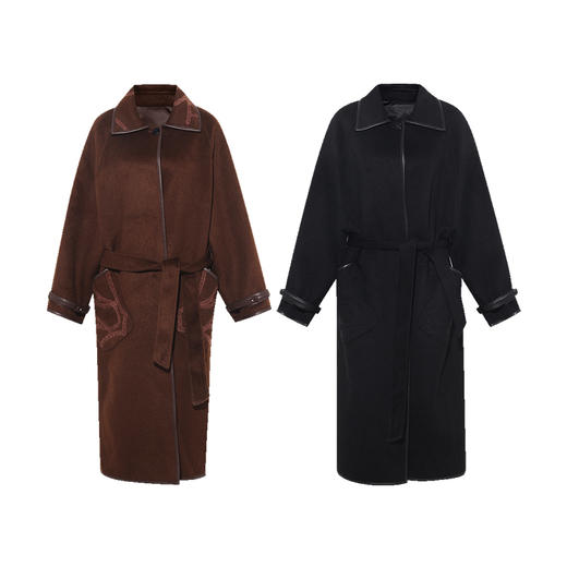 【暖冬内购】两三事 暮色温柔 2025秋季新款时尚花纹装饰拼皮长款羊毛呢外套女 商品图4