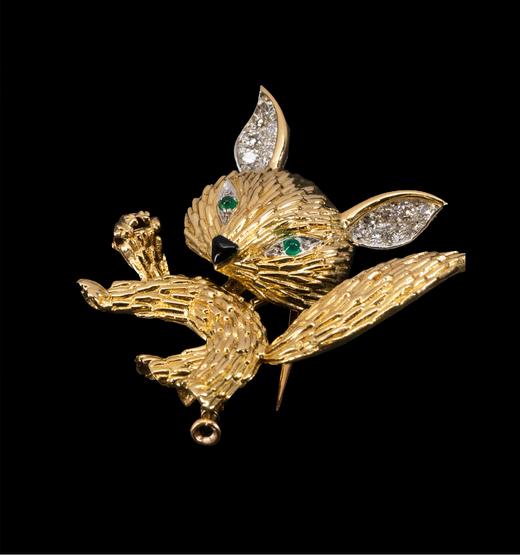 独角鹿西洋古董 法国顶级珠宝世家宝诗龙Boucheron出品18K黄金镶嵌祖母绿钻石及珐琅小狐狸造型古董胸针 商品图2