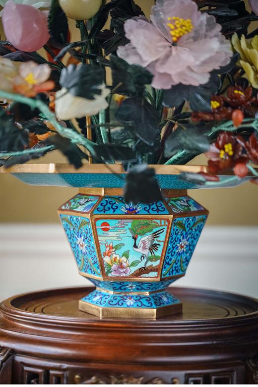 【已售】中国古董 花篮造型飞鹤与宝相花纹景泰蓝盆装饰「玉堂富贵」珍宝像生盆景摆件 商品图5