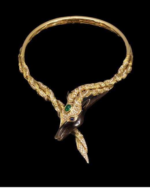 独角鹿西洋古董法国顶级珠宝品牌尚美Chaumet出品骏马造型18K黄金装饰青铜镶嵌钻石祖母绿及蓝宝石古董项链 带原盒 商品图3