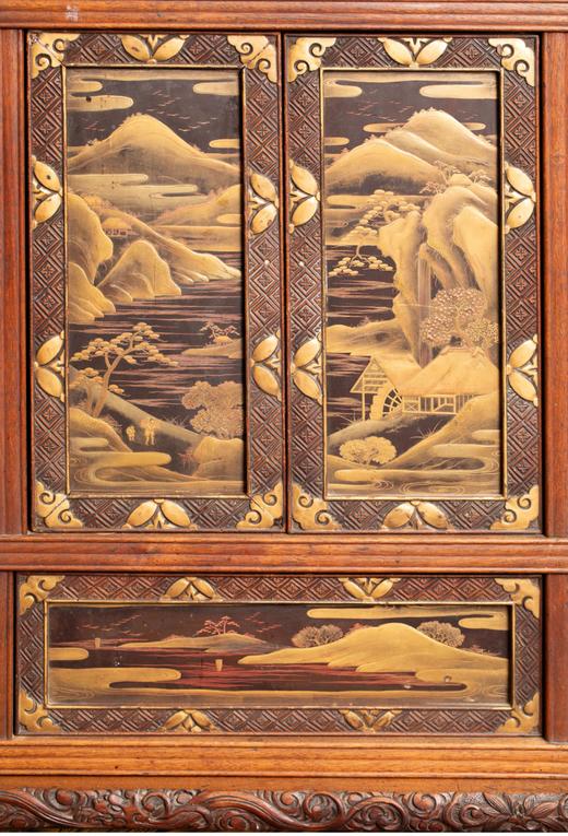 独角鹿西洋古董松木精雕传统山水主题金漆莳绘多宝阁收藏古董柜子 商品图5