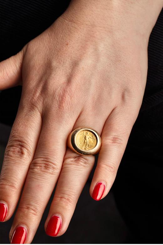 独角鹿西洋古董美国出品14K黄金戒托镶嵌圣高登斯主题鹰扬金币戒指古董珠宝 商品图1