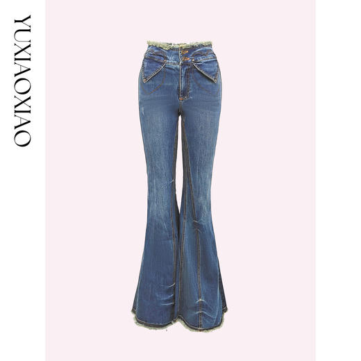 余潇潇【复古誓言】棉感复古爱心口袋玫瑰扣高腰喇叭牛仔裤 商品图4