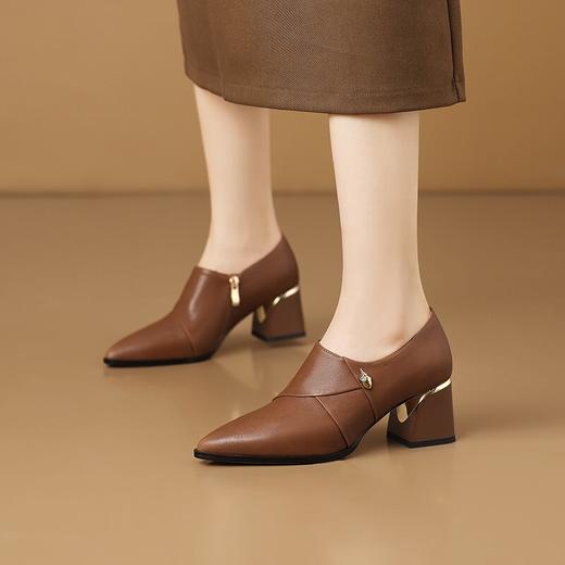 【预售5天】粗跟单鞋女新款头层牛皮尖头时尚百搭软面软底春秋季真皮鞋子HY&H3738 商品图3