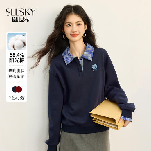 【09/10新品】熙世界学院风撞色格纹拼接POLO领上衣女士假两件卫衣2025秋装新款 商品图0