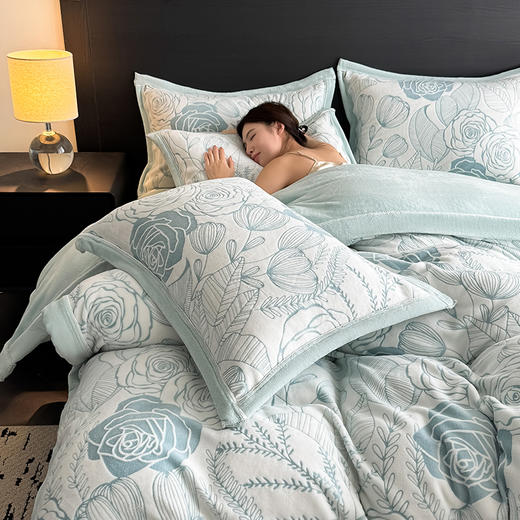 自然醒A类5D立体浮雕宽边牛奶绒四件套高档法兰珊瑚绒床单被套秋冬季轻奢床品QJ 商品图5