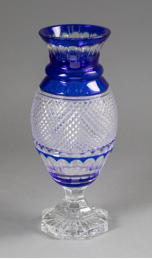 独角鹿西洋古董法国出品蓝彩装饰菱格纹水晶精雕古董花瓶艺术摆件 商品图1