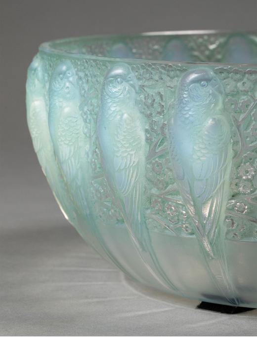 独角鹿西洋古董法国顶级水晶工坊莱俪LALIQUE设计出品「Perruches 鹦鹉」主题蓝绿色欧泊水晶碗古董摆件 商品图1