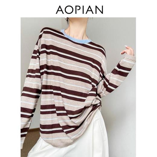 奥篇【撞色条纹】可水洗真丝羊毛混纺 宽松廓形圆领复古条纹针织衫 商品图1