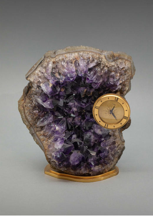 独角鹿西洋古董英国知名品牌Alfred Dunhill签名出品天然紫水晶洞装饰铜鎏金底座及圆形表盘座钟 商品图0