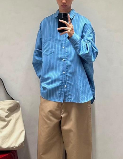 中性款丝棉条纹长袖衬衫001 商品图3