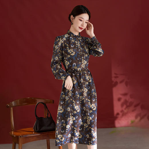 气质褶皱显瘦款，印花中长款真丝连衣裙SM-82501815 商品图2