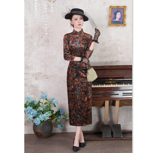 SKY 23012复古中国风长款七分袖丝绒旗袍修身显瘦日常中式旗袍 商品图1