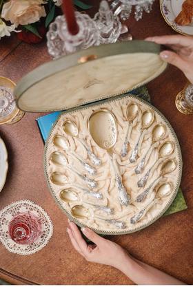 【已售】古董餐具 德国出品卷叶花卉纹银镀金精雕冰淇淋勺餐具套件 带原盒