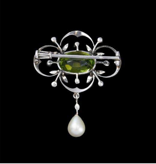 独角鹿西洋古董法国出品美好时代风格自然花叶造型铂金镶嵌橄榄石钻石及天然海水珍珠胸针古董珠宝 商品图4