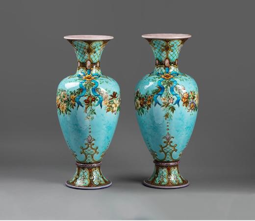 独角鹿西洋古董法国大师Théodore Deck彩釉陶瓷古董花瓶艺术摆件一对 商品图1