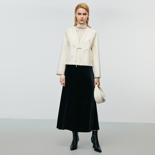 EITIE爱特爱冬季新款时尚复古新中式盘扣V领显瘦纯色毛呢大衣外套8014731 商品图1