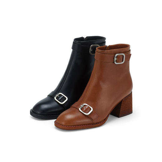 westory2024秋冬新款法式百搭真皮复古舒适皮扣粗跟短靴女W24DS84461 商品图0