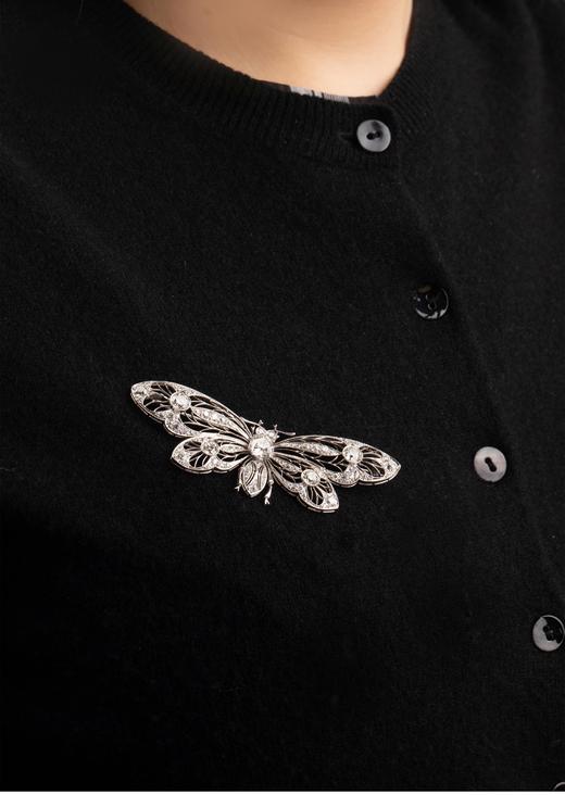 独角鹿西洋古董欧洲出品新艺术风格蝴蝶造型铂金镂雕镶嵌钻石古董胸针 商品图0
