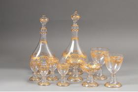 独角鹿西洋古董 法国著名水晶工坊圣路易出品24K描金修饰Micado花纹款精雕水晶酒具套件