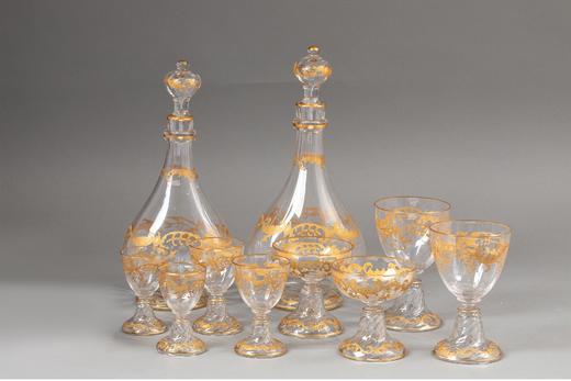 独角鹿西洋古董 法国著名水晶工坊圣路易出品24K描金修饰Micado花纹款精雕水晶酒具套件 商品图0