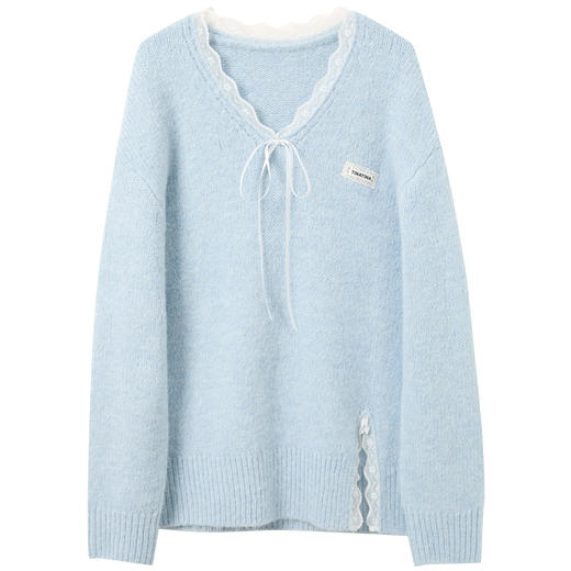 三彩2025冬季新款蕾丝花边V领针织衫开叉长袖套头上衣慵懒宽松M 商品图4