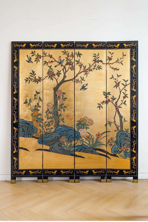 【已售】独角鹿西洋古董20世纪中期中国出品「富贵花鸟」主题金地款彩雕漆双面四曲隔断装饰屏风 商品图1
