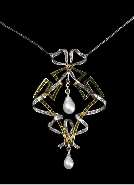 独角鹿西洋古董法国出品美好时代风格蝴蝶结缎带造型铂金镶嵌祖母绿钻石及天然海水珍珠项链古董珠宝 商品图4