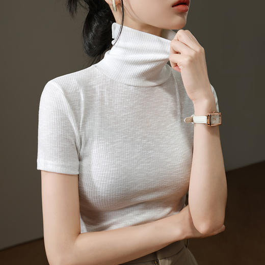 高领打底衫女薄款2025秋装新款女装气质短袖体恤修身微透内搭上衣 商品图3