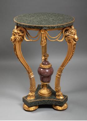 独角鹿西洋古董法国出品路易十六风格羊首奖杯主题铜鎏金精雕装饰大理石台面圆桌