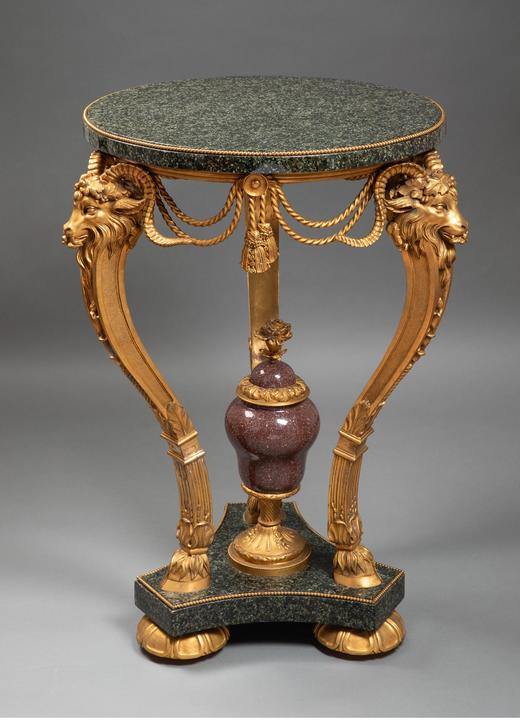 独角鹿西洋古董法国出品路易十六风格羊首奖杯主题铜鎏金精雕装饰大理石台面圆桌 商品图0